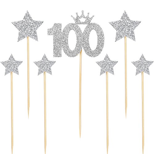PALASASA Silver glitter 100 Days Cake Topper and pentacle for Parties Baby Happy Birthday,set of 7
