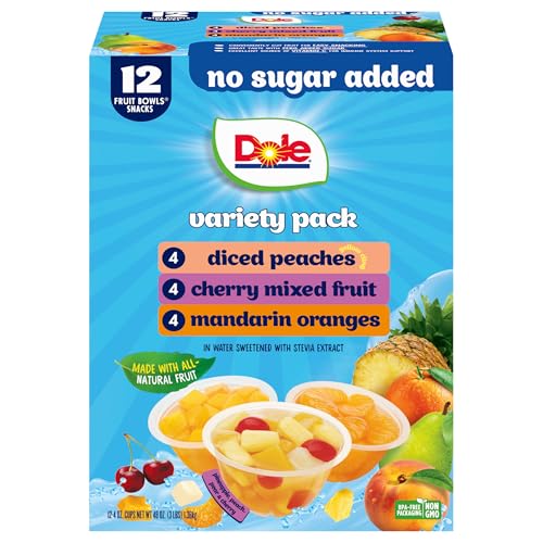 Dole Diced Peaches, Mandarin Oranges, and Cherry Mixed Fruit with No Sugar Added Variety Pack - Dole Fruit Bowls Snacks - 4 oz Bowls - 12 Pack