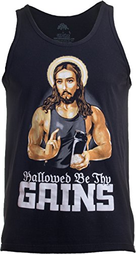 Ann Arbor T-shirt Co. Hallowed Be Thy Gains | Funny Muscle Jesus Weight Lifting Workout Humor Tank Top