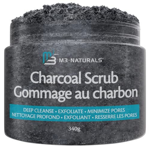 M3 Naturals Charcoal Scrub Face and Foot Exfoliator Infused with Collagen and Stem Cell - Natural Exfoliating Salt Body Scrub for Toning Skin, Cellulite, and Skin Care