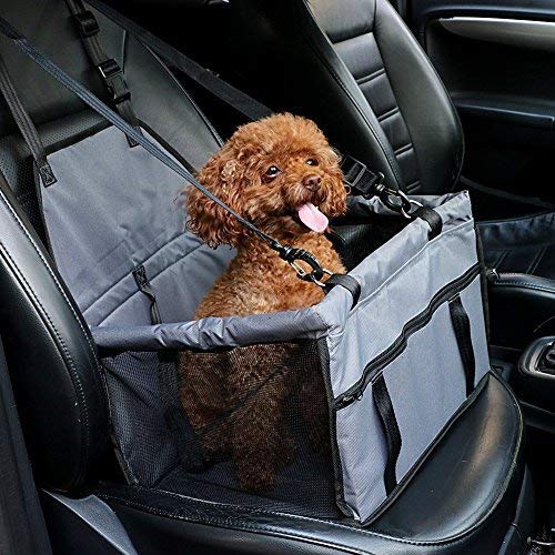 Pet Car Booster Seat for Dog Cat Portable and Breathable Bag with Seat Belt Dog Carrier Safety Stable for Travel Look Out,with Clip on Leash and Storage Pockage (Grey)