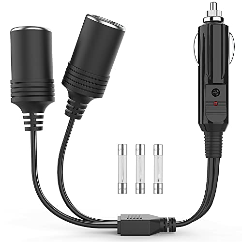 Warmstor Car Cigarette Lighter Splitter Adapter 2 Socket, 1 to 2 DC 12V 24V Cigarette Lighter Power Charger Port 2-Way Splitter, 8 inch SPT-2 16AWG Extension Cord Cable Wire with 15A Fuses