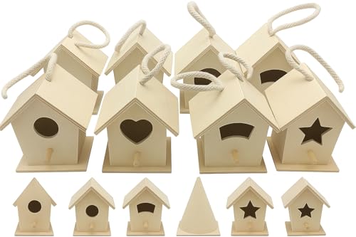 Oojami 12 Pack DIY Unfinished Wooden Birdhouses for Kids & Adults – Bulk Mini Bird House Craft Kit for Painting, Decorating & Hanging – Arts & Crafts Party Supplies, School, Camp, Classroom Activities