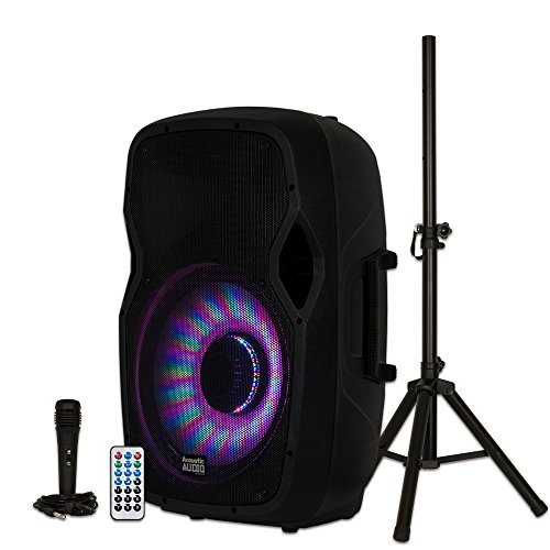 Acoustic Audio by Goldwood 1000W Bluetooth Speaker Set w/ 15" Woofer - Portable PA Sound System w/ Microphone, Adjustable Stand & Remote for Karaoke, Pool, Backyard, Beach, DJ or Tailgate Party