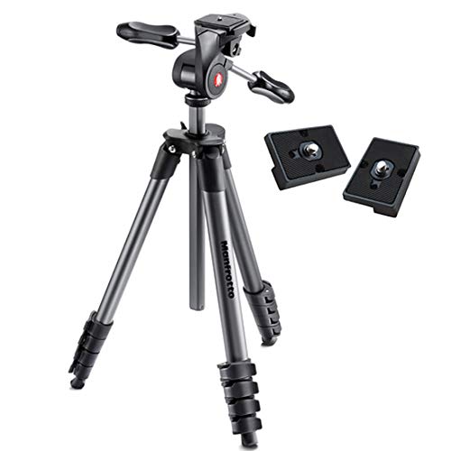 Manfrotto MKCOMPACTADV-BK Compact Advanced Tripod with 3-Way Head (Black) – with Two ZAYKiR Quick Release Plates for The RC2 Rapid Connect Adapter