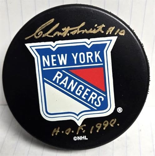 Clint Smith Signed Hockey Puck - Retro inscribed HOF 1990 - Autographed NHL Pucks