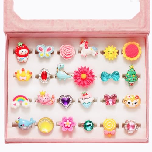 PinkSheep Anneaux bijoux pour petites filles Aspiree dans une boîte, Ajustables, Pas de duplication, Bagues de jeu et d'habillage pour filles (24 bagues adorables)