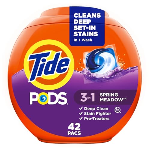 Tide PODS laundry detergent pacs, 3-in-1 Stain Remover, Odor Fighter, Color Protector, 42 Count, HE compatible, Spring Meadow Scent (Packaging May Vary)