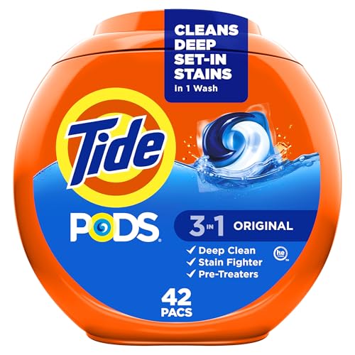 Tide PODS laundry detergent pacs, 3-in-1 Stain Remover, Odor Fighter, Color Protector, 42 Count, HE compatible, Original Scent (Packaging May Vary)