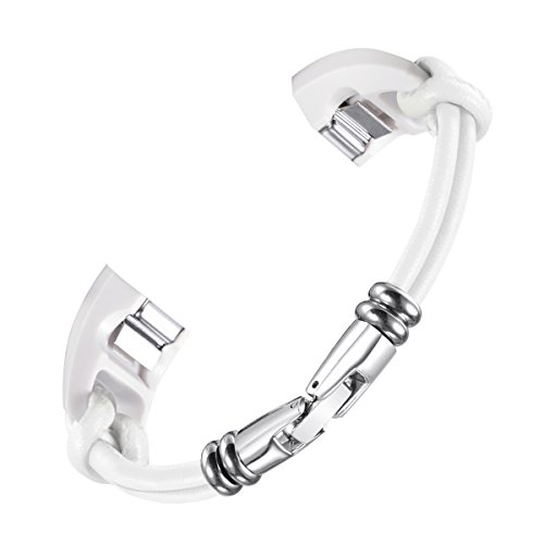bayite Leather Bands Compatible with Fitbit Alta and Alta HR, Metal Clasp Leather Cord Wristband, (White, 5.5" - 6.7")