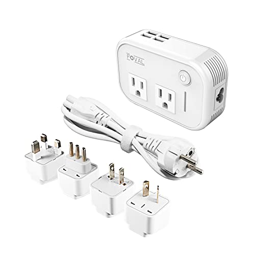 FOVAL Power Step Down 220V to 110V Travel Voltage Converter International Power Adapter for Hair Straightener/Curling Iron with 4-Port USB Charging US/UK/AU/IT/EU Universal Plug Adapter (White)