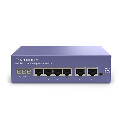 Amcrest 6-Port POE+ Power Over Ethernet Switch with Metal Housing, 4-Ports POE+ 802.3at 65W
