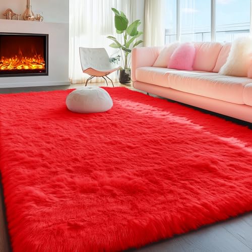 Super Soft 4.5cm Plush Area Rugs for Bedroom Girls Room Fluffy Living Room Carpet Nursery Decor Rug 4' x 5.3' (Red)
