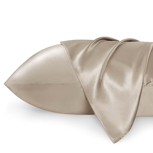 Bedsure Two-Pack Satin Pillowcases Set for Hair Polyester Cool and Easy to WASH Standard Size/Queen Size 20x30 Taupe Camel with Envelope Closure for Curly Hair