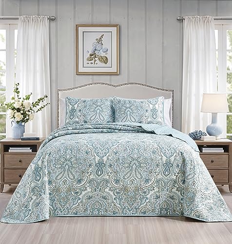 3-Piece Fine Printed Oversize (115" X 95") Quilt Set Reversible Bedspread Coverlet King Size Bed Cover (Pale Blue, Grey, Paisley)