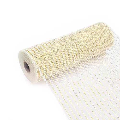 (Cream, Gold Foil) - 25cm x 9.1m Deco Poly Mesh Ribbon - Value Mesh (Cream, Gold Foil)