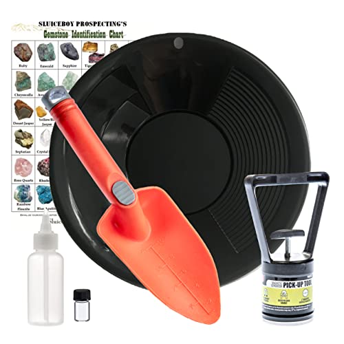 Gold Prospecting Kit | 10" Gold Pan, Black Sand Magnet, Hand Shovel, Snifter Bottle, Vial & Gem ID Chart