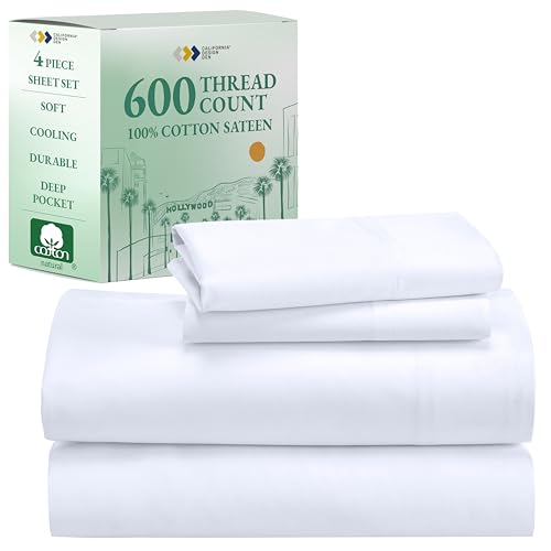 California Design Den Queen Size Sheet Set, 600 Thread Count 100% Cotton Sheets, Luxury Extra Deep Pocket Queen Sheets Cotton Sateen, Hotel-Quality Queen Sheet Set - White Sheets