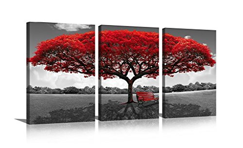 HLJ-3P-T001 Hlj Art Noir et Blanc Photos Giclée Impressions sur Toile Rouge Arbre Banc Moderne Illustrations Décor Mural pour Salon Bureau Salle à Manger