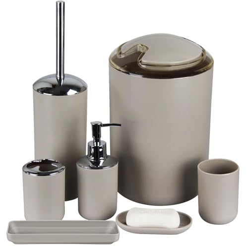 IMAVO Bathroom Accessories Set,6 Pcs Plastic Gift Set Toothbrush Holder,Toothbrush Cup,Soap Dispenser,Soap Dish,Toilet Brush Holder,Trash Can,Tumbler Straw Set Bathroom (Apricot)