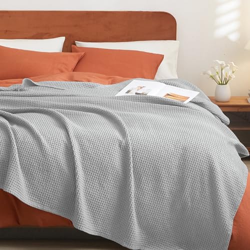 PHF Pre-Washed Cotton Waffle Weave Blanket King Size for Bed,Snag Proof Throw Blanket for Couch Spring Summer Lightweight Breathable,Oeko-TEX Certified,Machine Washable,Home Decor Gift，Light Grey