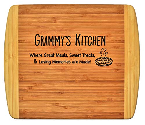 Grammy Gift ~ “Grammy’s Kitchen Where Great Meals are made with Love” 2-Tone Bamboo Cutting Board w/Heart Middle Grandma Christmas Birthday Mothers Day Engraved Side Décor Back Side Usage (11.5x13.5)