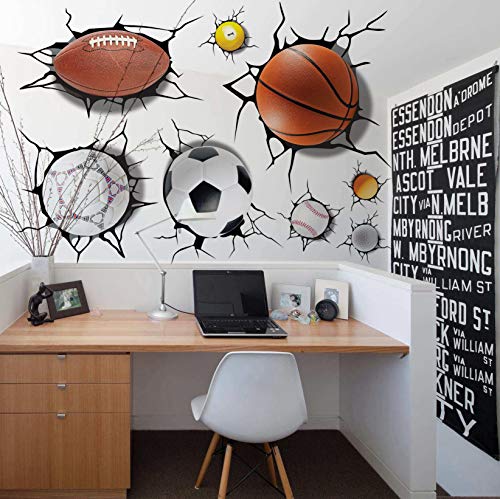 U-Shark 3D Self-adesive Removable Break Through The Wall Vinyl Wall Stickers/Murals Art Decals Decorator Kid's Favor (2080 Sports Basketball Football Soccer Tennis(50x70cm))