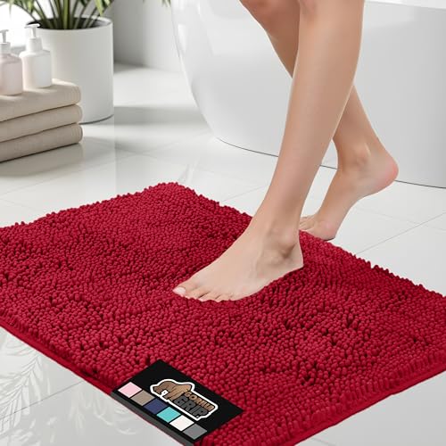 Gorilla Grip Bath Mat, Thick Soft Absorbent Chenille Floor Mats, Rubber Backing Bathmat, 107x66 cm, Quick Dry Rug, Machine Washable Rugs for Shower and Tub Floors, Bathroom Accessories Decor, Red