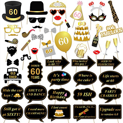 60th Birthday Party Photo Booth Props (51Pcs) for Her Him 60th Birthday Gold and Black Decorations, Konsait Big 60 Birthday Party Supplies for Men and Women