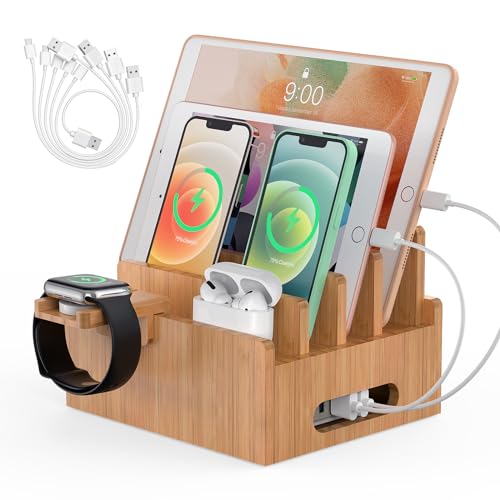 Pezin & Hulin Bamboo Charging Station for Multiple Devices, Desk Docking Station Organizer for Phone, Tablet, Watch, Earbud (No Wall Charger)