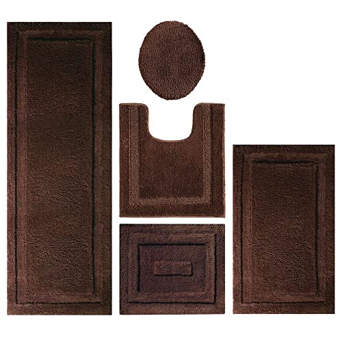 mDesign Soft Microfiber Polyester Bathroom Spa Rug Set - Water Absorbent, Machine Washable, Non-Slip - Includes 3 Rectangular Accent Rugs, Contour Mat, Toilet Lid Cover - Set of 5 - Chocolate Brown