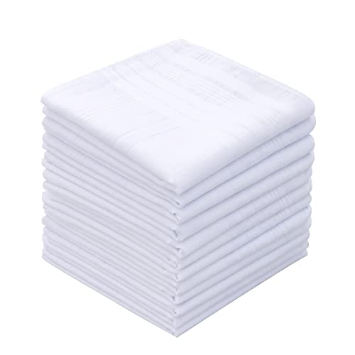 GB Men's Handkerchiefs 100% Cotton Solid White with Stripe Large Classic Hankies Bulk Set, White, 17 inches, 12 Pcs