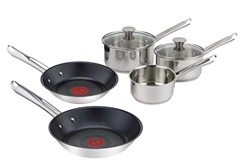 Tefal Elementary 5-Piece Set including 14 cm Milk Pan 16/18 cm Saucepans with Lids and 20/24 cm Frying Pans, Stainless Steel, Silver, 50.6 x 28.1 x 19.8 cm