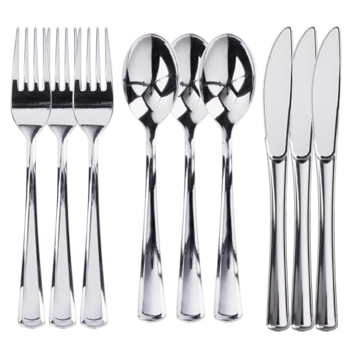 Prestee 300 Plastic Silverware Set | 100 Forks , Spoons , Knives Heavy Duty Bulk Disposable Flatware Utensils