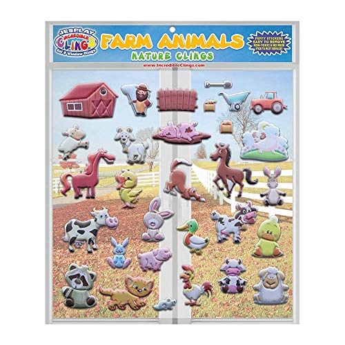 Funny Farm Animals Window Clings for Kids & Toddlers (by Jesplay USA - Reusable Window Stickers Gels & Decals) Puffy Sticker Activites for Car Plane Home- Horse, Cow, Farmer, Farm House Animals