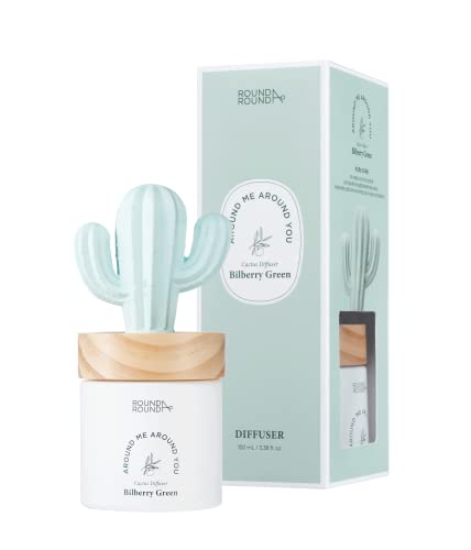 ROUND A'ROUND Cactus Diffuser (Bilberry Cactus) | Fragrances Reed Diffuser, cute shaped design with Light, Bilberry, Clean, Green, refreshing scent for House, Home, Office 3.37 fl.oz. 100ml