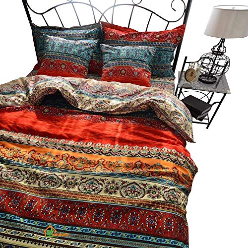 HNNSI Bohemia Exotic Striped Bedding Sets Queen Size 4 Pieces, Brushed Cotton Boho Duvet Comforter Cover with Flat Sheet,No Comforter (Flat Sheet Sets, Queen)