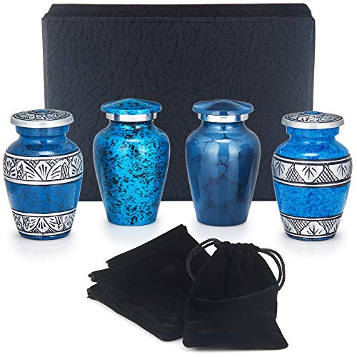 Adera Dreams Small Keepsake Urns for Human Ashes - Set of 4 Blue Memories Mini Cremation Urns - Memorial With Case, Velvet Pouch and Funnel - Miniature Burial for Sharing Ash