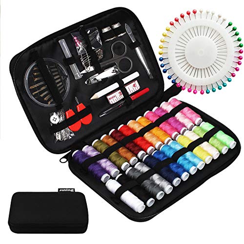 JUNING Sewing Kit with Case, 130 pcs Sewing Supplies for Home Travel and Emergency, Kids Machine, Contains 24 Spools of Thread, Mending and Sewing Needles, Scissors, Thimble,Measuring Tape
