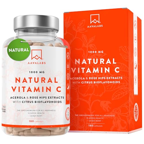 Natural High Strength Vitamin C 1000mg -180 Vitamin C tablets - 100% Vegan Acerola Fruit Extract - with Citrus Bioflavonoids and Rosehip - Vitamin C Capsules -Supports Immune Function- 3 Months Supply