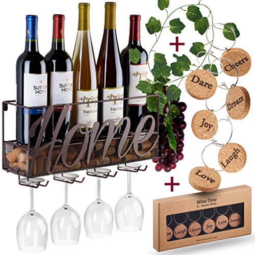 Anna Stay Wall Mounted Decorative Wine Rack with Glass Holder, Cork Storage & Wine Charms