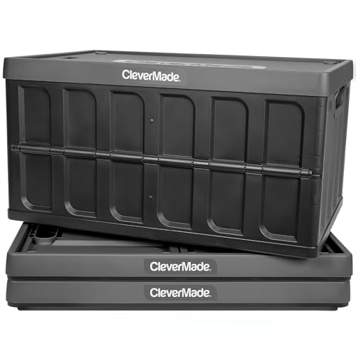 CleverMade Collapsible Storage Bins with Lids- Charcoal 3 Pack 62L - Plastic Containers Stackable Organization Crates Home Closet Space-Saving Durable