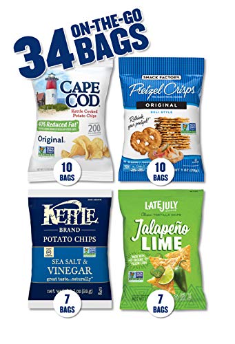 Snack Variety Pack with Kettle Brand and Cape Cod Potato Chips, Late July Tortilla Chips & Snack Factory Pretzel Crisps, 34 Count