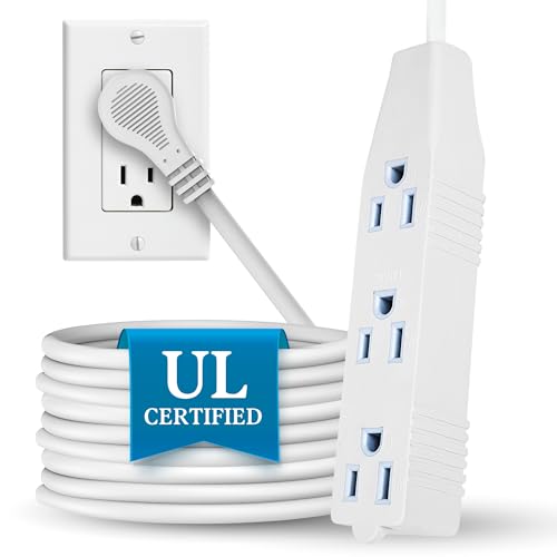 Flat Multiple Outlet Extension Cord 30 Ft for Indoor Use by Bindmaster- UL-Listed 3-Prong Multi Extension Wire- Space-Saving Flat Angled Extension Cord- White