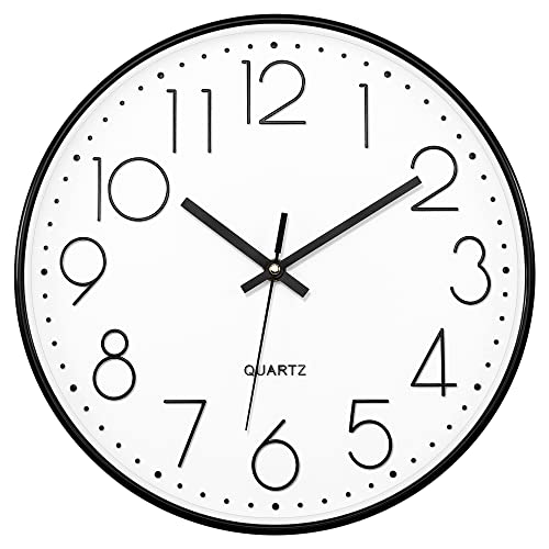 Foxtop Black Wall Clock Silent Non Ticking 12 Inch Quartz Battery Operated Round Clock Easy to Read for Office Classroom School Home Living Room Bedroom Kitchen Decor