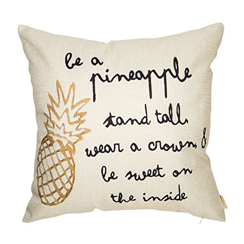Fahrendom Be a Pineapple Stand Tall Wear a Crown Inspirational Quote Décor Spring Summer Farmhouse Decoration Cotton Linen Home Decorative Throw Pillow Case Cushion Cover for Sofa Couch 18 x 18 in