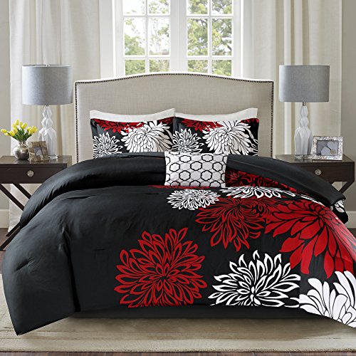 Comfort Spaces Enya Comforter Set-Modern Floral Design All Season Down Alternative Bedding, Matching Shams, Bedskirt, Decorative Pillows, King (104 in x 90 in), Red/Black