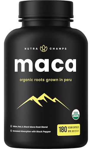 Organic Maca Root Capsules 2100mg | Maca Supplement for Men & Women | Red, Yellow & Black Maca Blend with Black Pepper Extract for Energy, Mood & Hormonal Balance | 180 Vegan Capsules | 700mg Per Capsule