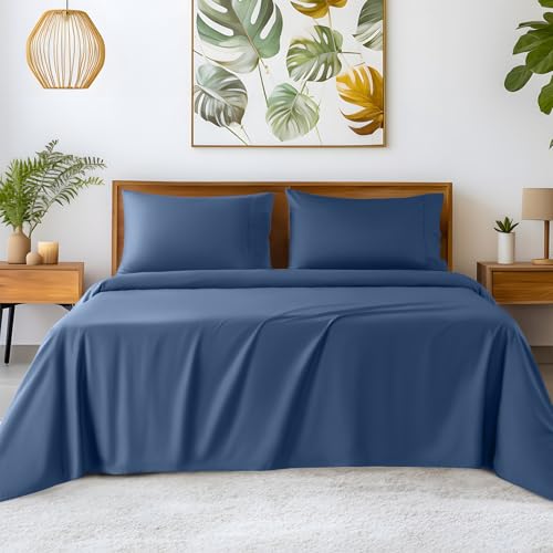 SONORO KATE 100% Egyptian Cotton Sheets - 1200 Thread Count, Luxury & Cooling Hotel Cotton Bed Sheets Set 4 Piece, Sateen Weave for Soft Feel, Fits Upto 16" Mattress (Navy Blue,74" x 94")