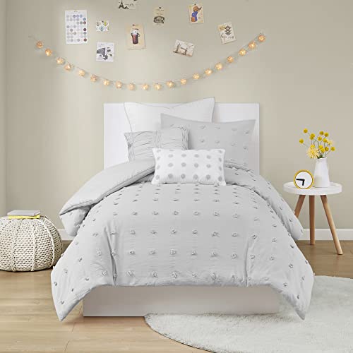 Urban Habitat Duvet Set 100% Cotton Jacquard, Tufts Accent, Shabby Chic All Season Cover for Comforter, Matching Shams, Decorative Pillows, Twin/Twin XL (68 in x 92 in), Grey 5 Piece